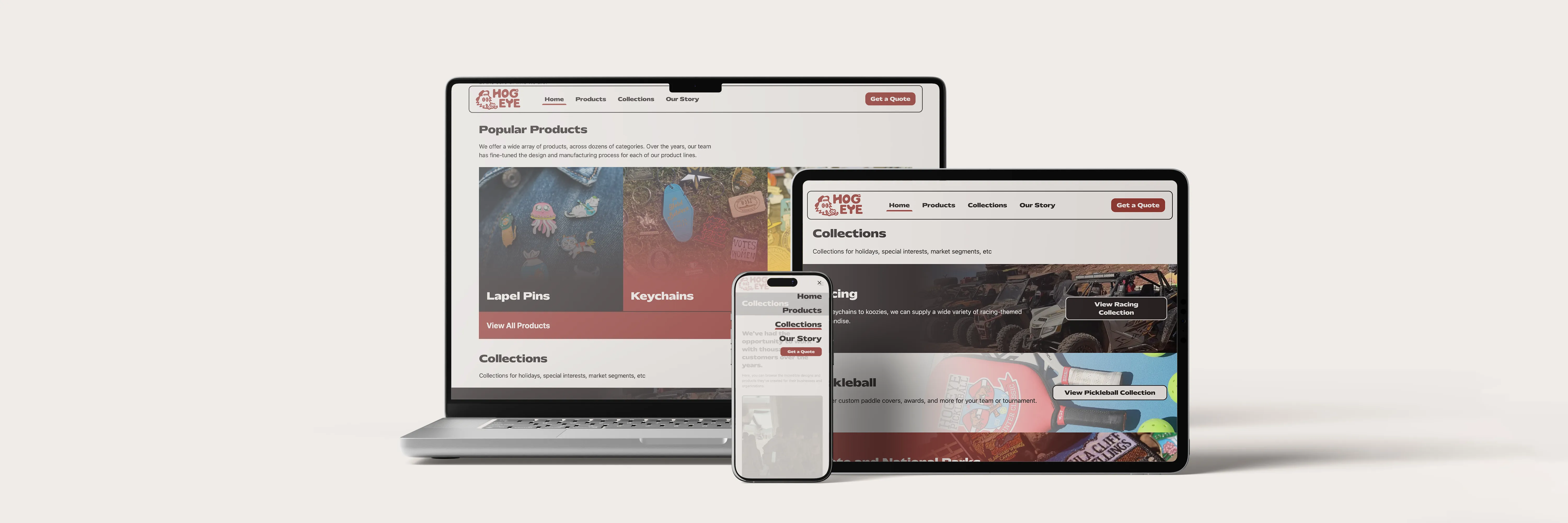 A mockup showing the new Hogeye website on a laptop, phone, and tablet with a backdrop matching the brand palette