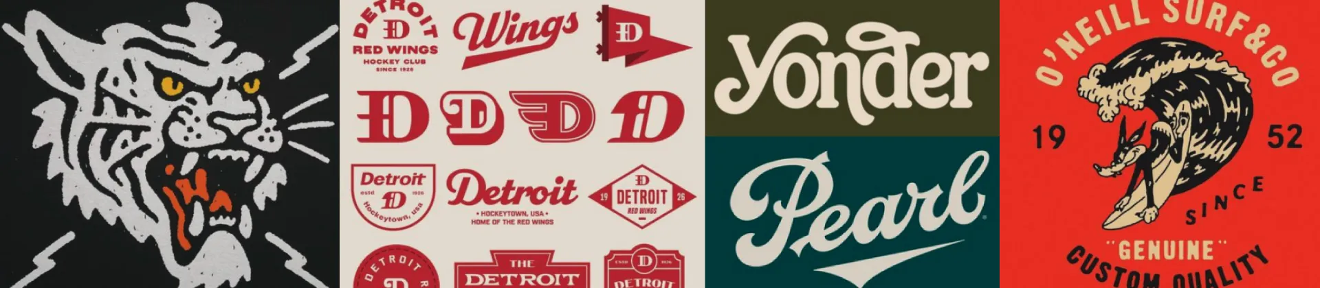 A collection of vintage mascots, logos, and lettering in a collegiate style